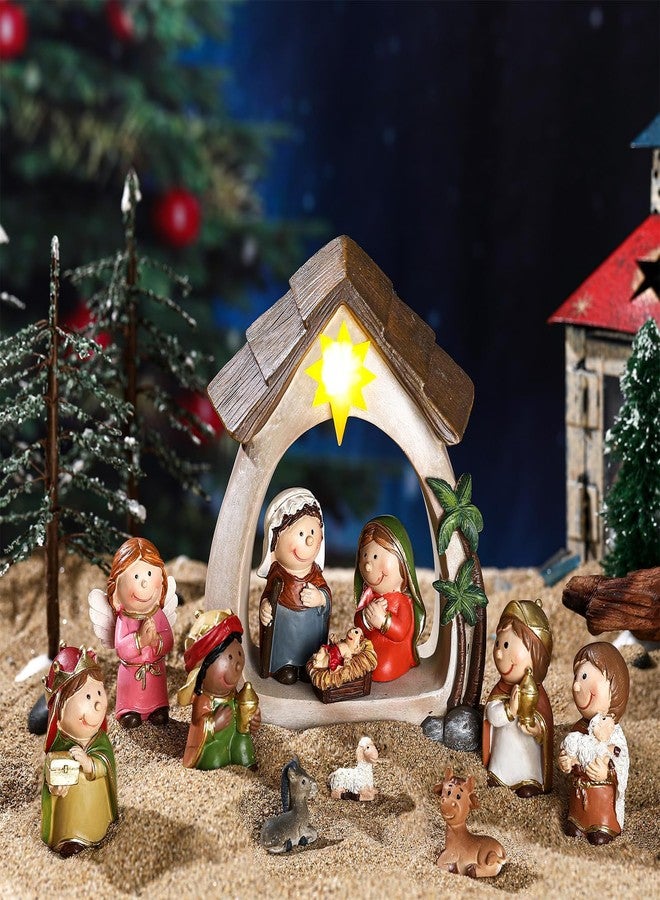 MACLARONX Nativity Set & Figures, 12 Pieces Small Christmas Nativity Scene with LED Light Resin Lighted Tabletop Nativity Indoor Decor Includes 1 Manger and 11 Figurine (Mini Figure) - Image 4